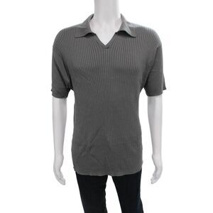 Armani Collezioni Mens Silk Striped V-Neck Polo Short Sleeve Gray Size 2XL
